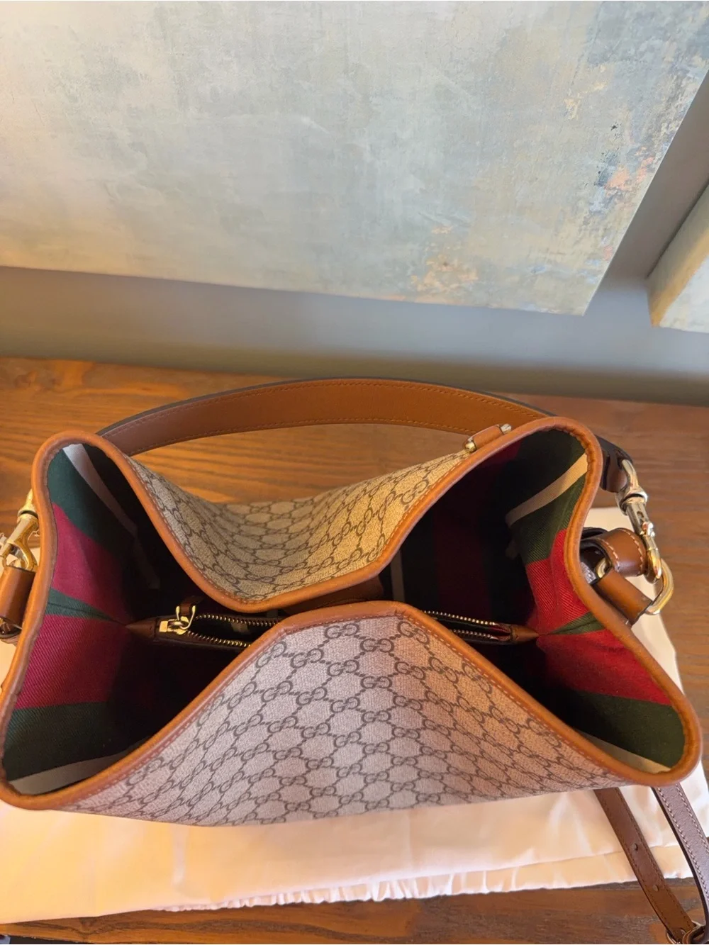 Gucci Beige GG Supreme Canvas Shoulder Bag with Brown Leather Trim